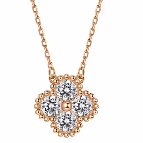 NWOT 1.2 CT Moissanite Clover Necklace 18k rose gold pltd sterling silver 16”18” - Picture 3 of 16